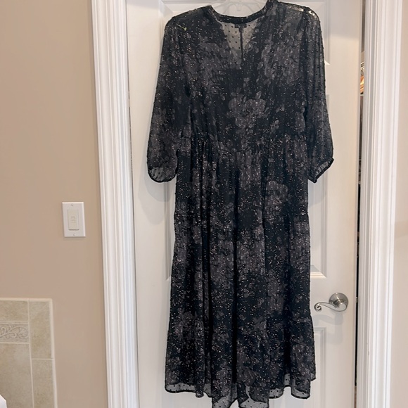 TORRID Sheer Black Dress gray floral print & rose gold specs, pockets, tiered 2X - Picture 3 of 5
